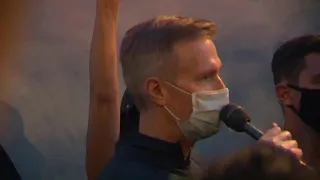 Portland Mayor Ted Wheeler attends protest, addresses crowd