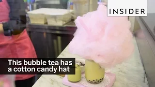 This bubble tea comes with a cotton candy hat
