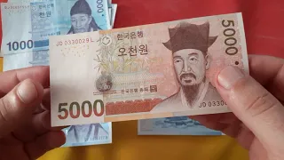 Банкноты Южной Кореи , 1000 и 5000 вон / South Korean banknotes , 1000 and 5000 won .