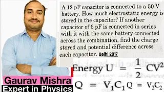 A 12pF capacitor is connected to a 50 V battery.How much electrostatic energy is stored in capacitor