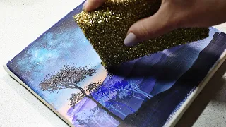 Night Sky and Mountains Landscape Step by Step | Acrylic Painting on Canvas #127