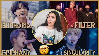 BTS -JUNGKOOK "EUPHORIA"  + V "SINGULARITY" + JIMIN "FILTER" + JIN  "EPIPHANY" LIVE STAGES REACTION