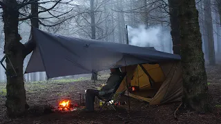 Solo Camping In Heavy Rain - Hot Tent & Tarp Shelter Set-up