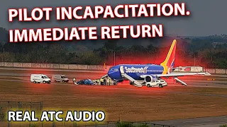 PILOT INCAPACITATED. Off-duty pilot helps to land Southwest B737. REAL ATC