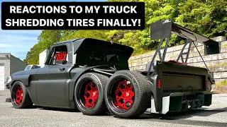 REACTIONS TO MY TANDEM AXLE TRUCK FINALLY SHREDDING TIRES! 900HP SUPERCHARGED CHEVROLET C10 SLAYER
