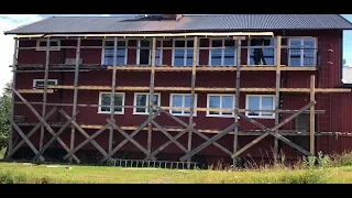 3 Stories high, 100 ft long wooden scaffold build on my 1948 wooden school house.