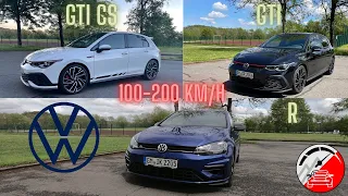 100-200 km/h Golf 8 GTI vs. Golf 8 GTI CS vs. Golf 7 R | acceleration test drive german Autobahn