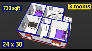 720 sqft house plan with 3d elevation II 24 x 30 ghar ka naksha II 24 x 30 home design