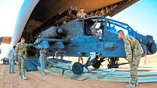 Unloading AH-64 Apache, HH-60 Pave Hawk, UH-1Y Venom Helicopters from C-17 Globemaster III