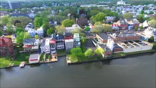 Historic Bristol, Pennsylvania water front via drone.