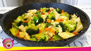 Chicken and broccoli in a pan. Delicious broccoli recipe with chicken fillet