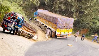 Heavy Loaded Truck Slips off the road - Crazy Truck Driver Unable to Turn at Hairpin Curve Ghat Road