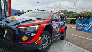 WRC Rally Italia Sardegna 2023 Hyundai i20 N Rally1 Hybrid cars leaving service on electric power