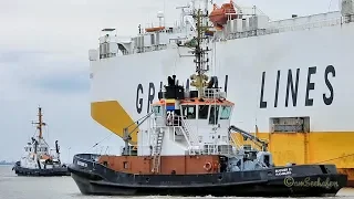 car carrier GRANDE COLONIA IBXR IMO 9318527 seabound Emden tugs assist Autotransporter