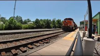 BNSF Intermodal blitzing past La Plata, MO Amtrak Station on June 14, 2022.