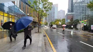 Seoul Heavy Rain Walk in Strong Windy Day. Relaxing Sound for Sleep Study Work & Meditation.