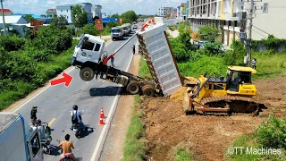 Be Careful !! Just Starting Building New Foundation Road By Dump Trucks 24T & Bulldozer Pushing Soil