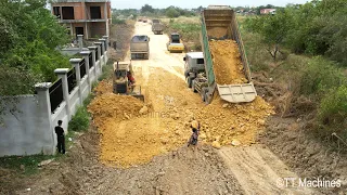 Wonderful Project Building New Foundation Village Road By Old Bulldozer & Dump Trucks Spreading Soil