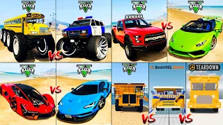 Lamborghini Centenario vs Monster School Bus vs Ford Raptor vs Dump Truck - GTA 5 Cars Comparison