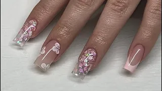 French Encapsulated Glitter 3d Flower Acrylic Nail