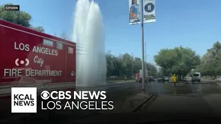 Car shears fire hydrant in Encino