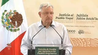 AMLO. Firma de los acuerdos sobre el Plan de Justicia del Pueblo Yaqui  Petición de perdón por agra