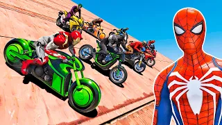 NOVO DESAFIO MOTOS COM HOMEM ARANHA e SUPER HERÓIS! QUEM CONSEGUE SALTAR A MEGA RAMPA? GTA V