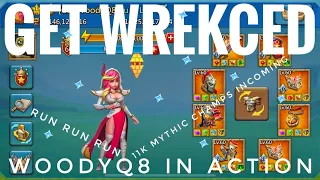 GET WRECKED! - WOODYQ8 DESTROYING YOUR COMPS! - MAXING THE MYTHIC CHAMPION PLATE! - Lords Mobile