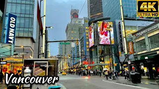 Long Walking Tour At Downtown Vancouver | Rainy Evening | Feb, 2022 [4K UHD 60fps]