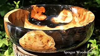 Woodturning - Maple Crotch with Maple Burl and Silver Black Tinted Resin