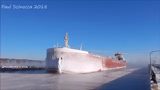 So Cold the Canal Froze !  CSL Assiniboine arrives  Duluth MN breaking ice.