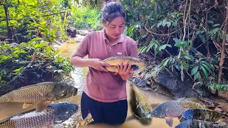 Catching stream fish after flash floods. The daily life of a young girl