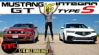 Powerful 320 HP Turbo vs  Massive American V8: Acura Integra Type S vs Ford Mustang GT Drag Race!