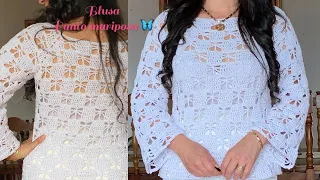 Suéter o blusa a crochet en punto Mariposa🦋top down💐inicio canesú ajustable para todas las tallas