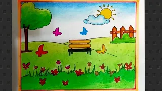 How To Draw Garden Scenery Drawing Step-by-step/Flower Garden Drawing For Beginners