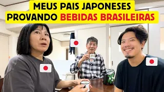 Meus pais japoneses provando bebidas brasileiras