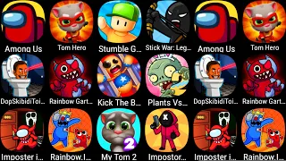 My Talking Tom 2, Among Us, Rainbow Garten Survivor, Stumble Guys, Imposter In Doors, Skibydi Toilet