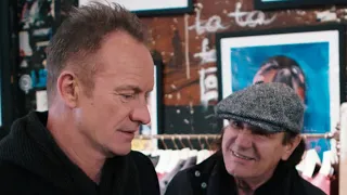 Sting & Brian Johnson hug on the Bowery on a freezing cold NYC winter's day
