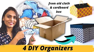4 Cardboard Box useful ideas | DIY storage Box | DIY organizers | reuse old clothes | reuse old box.
