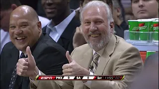 Gregg Popovich & Shaquille O'Neal share a laugh about a foul call