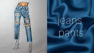 jeans pants tutorial illustration/Asal Fashion art آموزش جنسیت سازی شلوار جین