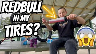 Filling my BMX Bike tires with RED BULL! Can I ride it?!