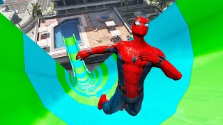 GTA 5 SPIDERMAN Water Slide RAGDOLLS - Spiderman, Iron Man, Hulk, Superman (Euphoria Ragdolls)