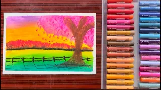 Easy and beautiful sunset painting | morning scenery oil pastel drawing / spring scenery #oilpastel