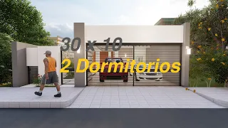 3D PLANO DE CASA 10 X 30 metros DOS DORMITORIOS