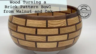 Wood turning a segmented brick bowl from upcycled red oak and black walnut