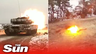 Russian troops perform military drills in Belarus with tanks