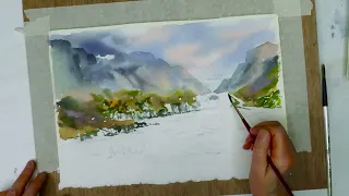 Speed Painting: FULL Watercolour Landscape - TUTORIAL LINK IN DESCRIPTION!
