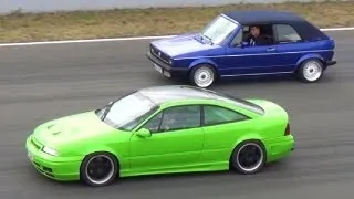 Opel Calibra 2.0 Turbo vs VW Golf Cabrio 1/4 Mile Drag Race Viertelmeile Rennen Acceleration SOUND