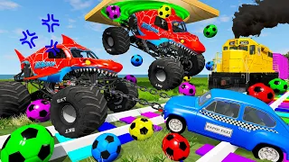 Monster Trucks Potholes Flatbed Long Trailer Truck Car Rescue - Cars vs Deep Water Car Train Tractor